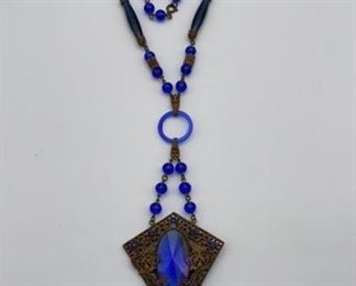 Antique Art Deco Cobalt Glass Flapper Necklace