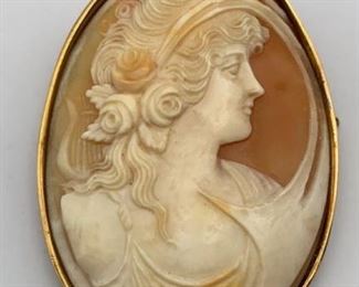 Carved Shell Cameo Pin 585 14K Gold Marked KB