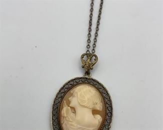 Shell Carved Cameo Pendant on Sterling Chain