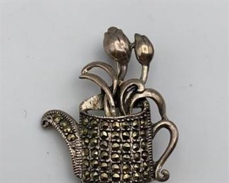 Sterling Marcasite Pin Brooch Water Can Flowers