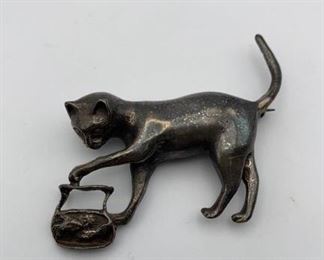 Sterling 925 Cat Fishbowl Pin Brooch
