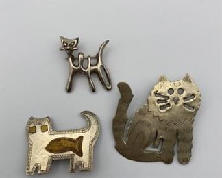 Cat Pin Brooch Lot Including Sterling