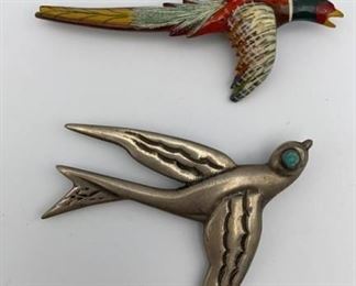 Pair of Bird Pin Brooches Incl Sterling Turquoise