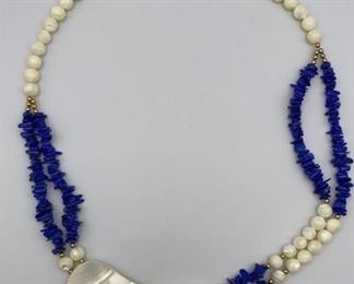 Shell and Lapis Beaded Necklace Double Strand