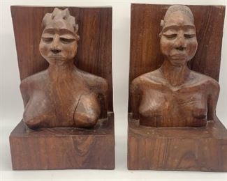 Carved Wooden African Man / Woman Bookends