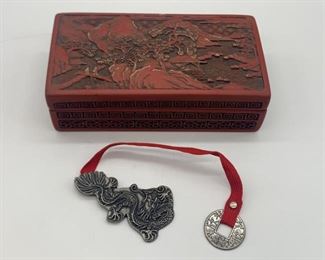 Japanese Lacquer Wooden Box w/ Metal Token
