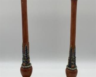 Hand Painted Carved Wooden Floral Candlesticks