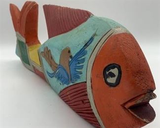 Carved Wooden Folk Art Colorful Fish Sculpture