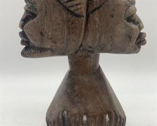 African Hand Carved Dual Man & Woman Wooden Bust
