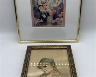 Antique Silk Portrait & Floral Painting