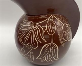 Artist Signed Brown Glazed Floral Pitcher