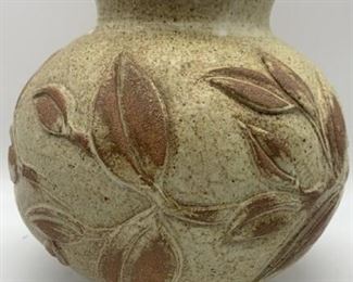 Bernie James Signed Floral Stoneware Ceramic Vase