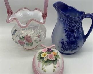 Vintage Ceramic & Glass Floral Basket & Pitcher