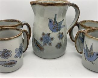 Mex El Palomar Blue Bird Ceramic Pitcher & Cups