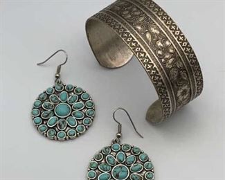 Silver Tone Cuff Bracelet Faux Turquoise Earrings