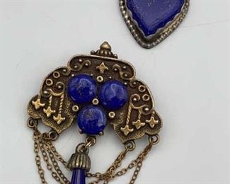 Lapis Lazuli Pendant & Brooch, Heart, Poss Sterling 