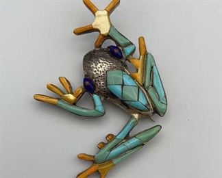 Sterling 925 Brooch Pin Frog Multi Gemstone