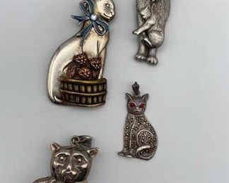 Cat Pendant Brooch Pin Lot Including 925