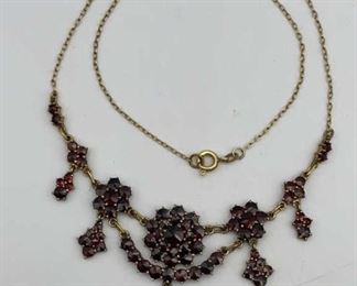 Vintage Garnet Cluster Necklace Gold Tone