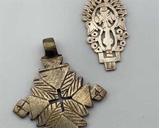 Tribal Design Metal Pendant Pair Silver Tone
