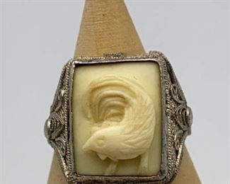 Sterling Ring Filigree Carved Bone Asian, Sz8
