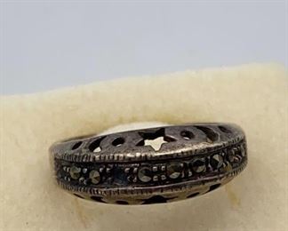 Sterling 925 Ring Marcasite Celestial Moon Stars