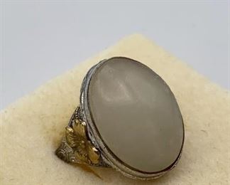 925 & 10K GF Ring Antique Jade Art Deco Sz8