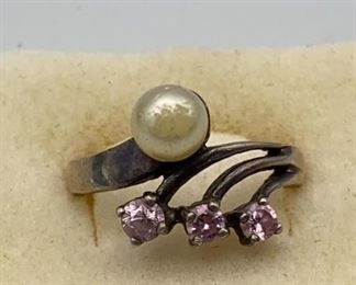 925 Ring Faux Pearl Pink Stones Sz7.5