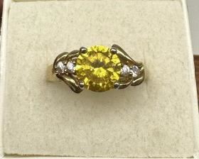 10K Gold, Yellow Sapphire Ring, 4 Small Diamonds