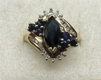 10K Blue Sapphire & Diamond Ring Sz 9