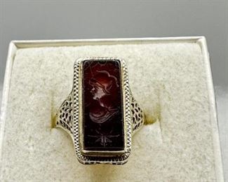 14K White Gold Filigree Sardonyx Intaglio Ring Sz6