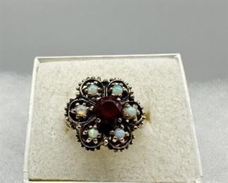 14K Rose Gold Victorian Style Ring, Garnet & Opal