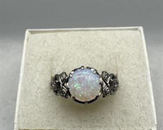 Antique Platinum Opal & Diamond Ring Sz 8.25, 3.6g