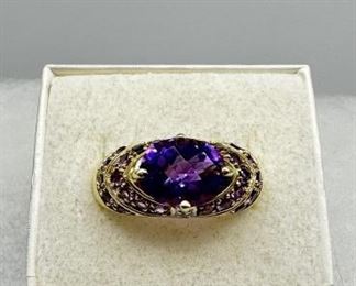 10K Yellow Gold Amethyst & Diamond Ring Sz8, 5.5g