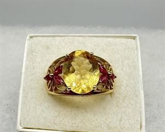 10K Yellow Gold Citrine & Ruby Ring Sz8, 5.2g