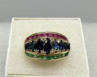 14K Yellow Gold Diamond Cut Rubies Emeralds