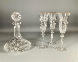 Waterford Crystal Lismore Ships Decanter and Cristal D'Arques Fluted Champagne Glasses