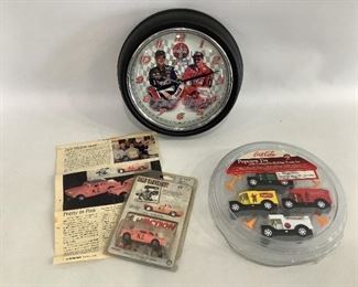  Coca Cola Truck Set, Coca Cola/ Nascar Wall Clock & Dale Earnhardt Ford Stock Car