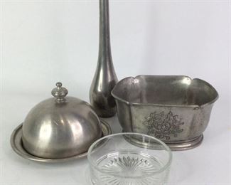 Pewter Vase, Dish With Lid, And More
