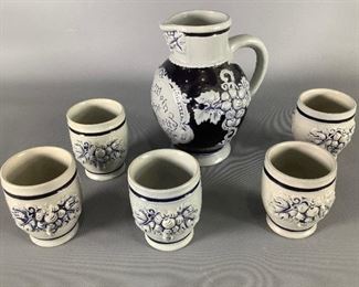 German Cobalt Blue Salt Glazed Wine Stein Pitcher Mug and Set of Goblets