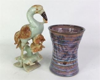 Bird Statue And Ceramic Vase
