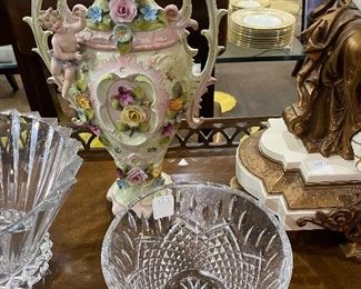 Vintage Early Ceramic Two Handle Vase Set With Cherubs