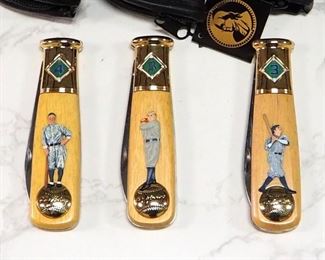 Franklin Mint Baseball Commemorative Collectors Knives, Qty 3, Includes Lou Gehrig, Babe Ruth, And Cy Young, 3.5" Blades, And Padded Cases, Qty 3