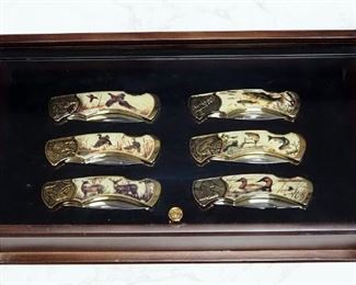 Franklin Mint Wildlife Collectors Knives, Qty 6, 3"Blades, In Display Box, And Padded Knife Cases, Qty 6