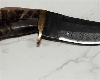 Custom Damascus Steel Fixed Blade Knife, 4-1/8" Blade, In Tooled Leather Sheath