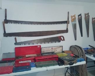 Tool sets, tap and die sets, socket sets, Vintage two man saws, vintage hand saws