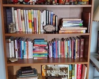 books and bookshelf, metal toys, steins