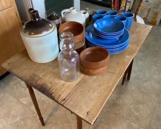 folding oak table, crocks, dishes