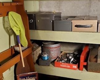 vintage metal boxes, wooden boxes and fishing misc