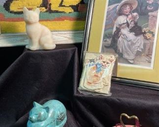 Cat Collection Needlework In Frame, Art Glass Cat, Victorian Print Tiny Cards, and More Cat Decor